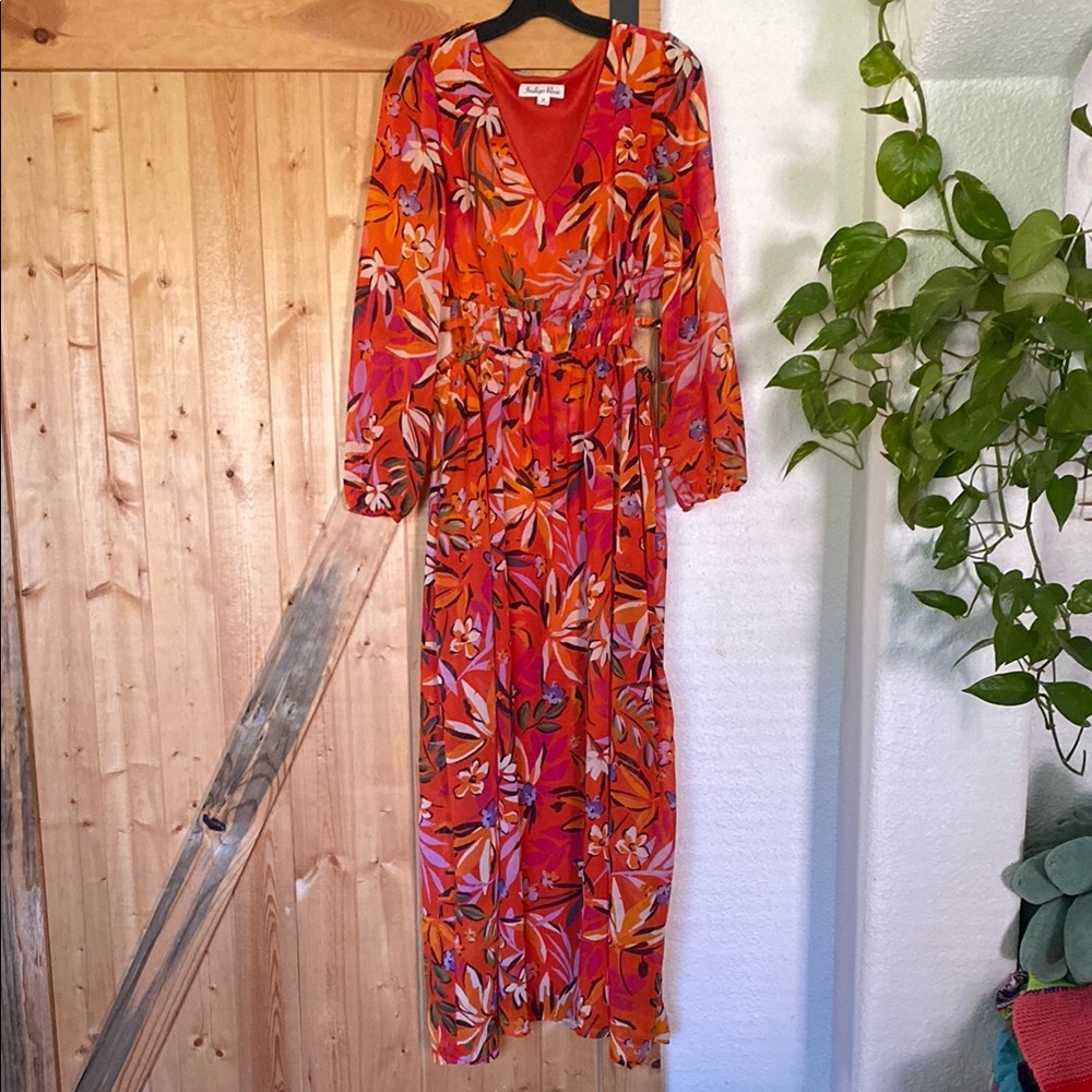 Indigo Rose Tropical V-Neck Long Sleeve Side Cut-Outs